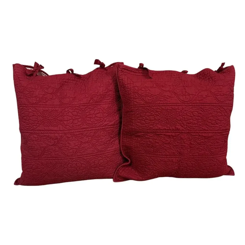 Pottery Barn Pic Stitch Linen Blend Euro Shams Ruby Red Medalian Style Set Of 2